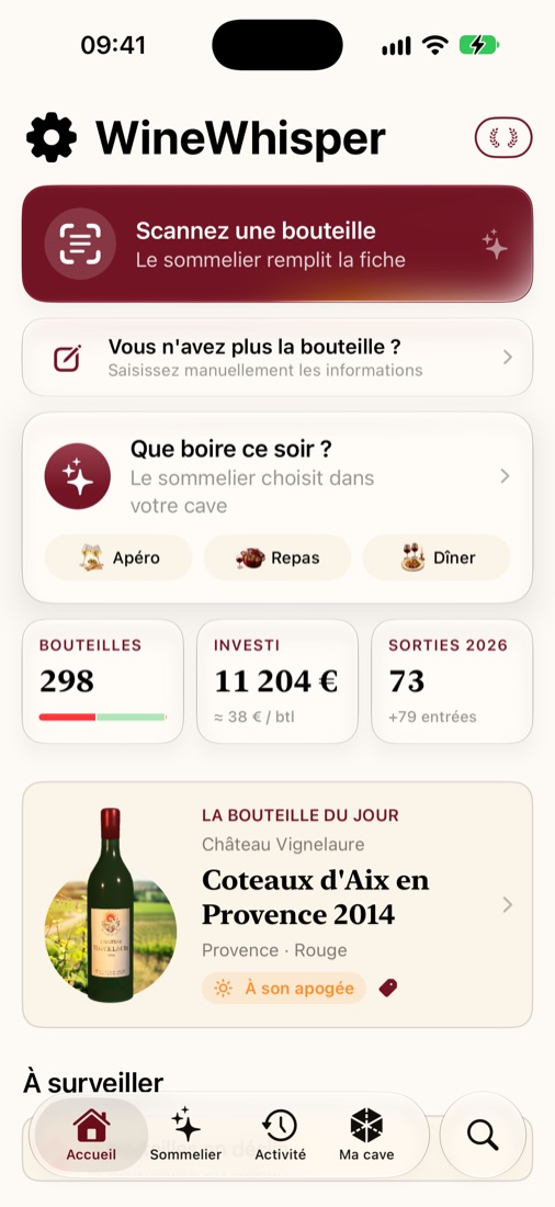L'accueil de WineWhisper : la bouteille du jour et la carte « Que boire ce soir ? »