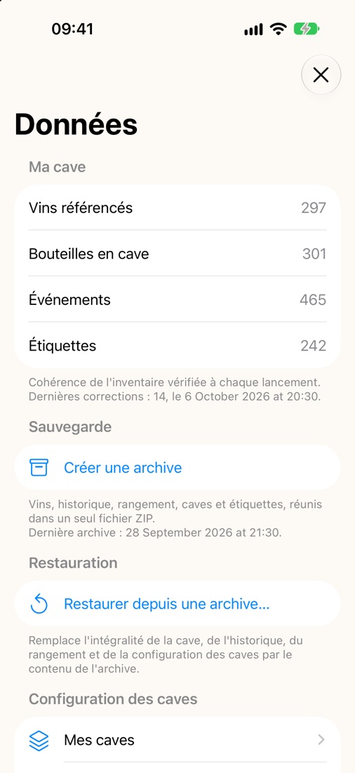 L'écran Données, avec la création d'une archive