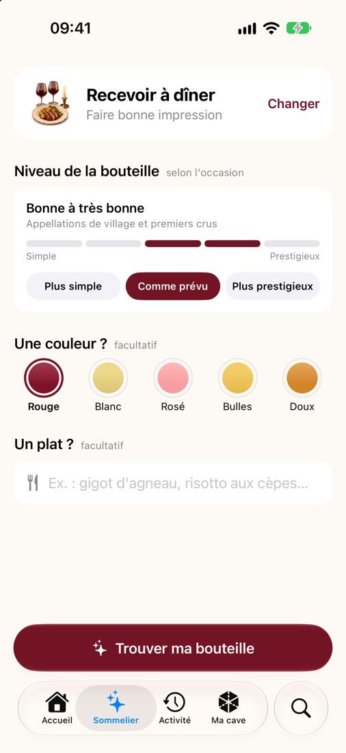 Les réglages du Sommelier pour un dîner : niveau, couleur et plat