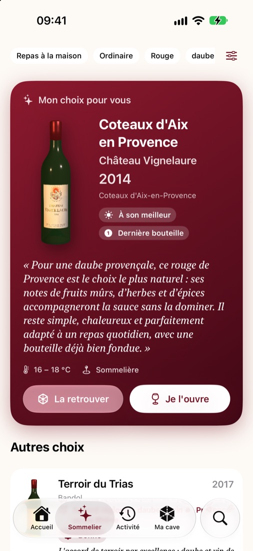La recommandation du Sommelier, avec ses raisons et deux autres choix