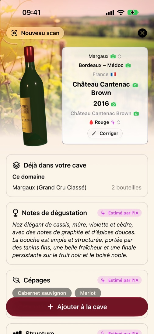 La fiche d'un vin remplie après le scan de son étiquette
