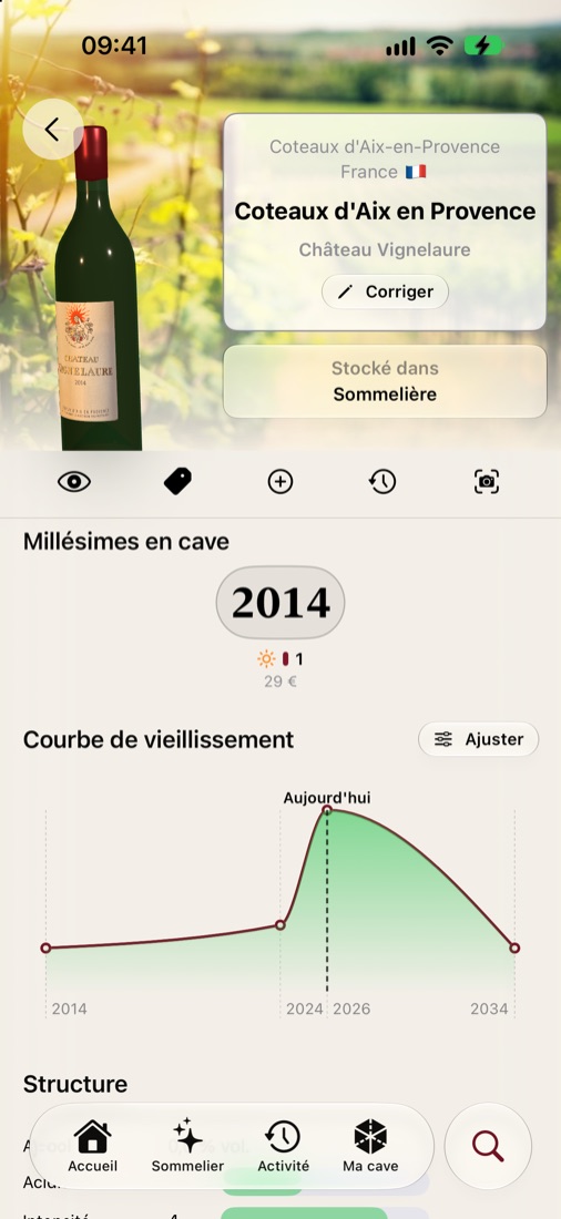 La courbe de vieillissement d'un vin, réglable millésime par millésime